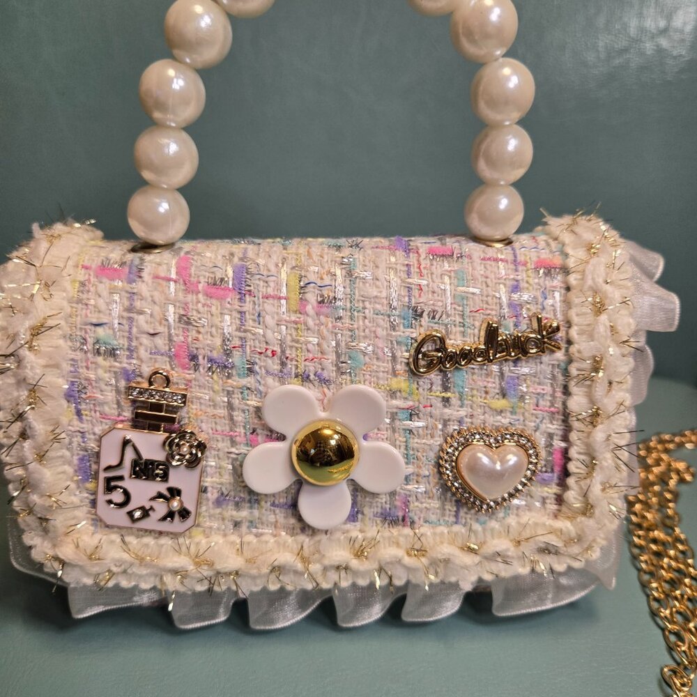 Girls Cream w/Confetti Tweed Handbag- Pearl Handle, Blooms & Gems